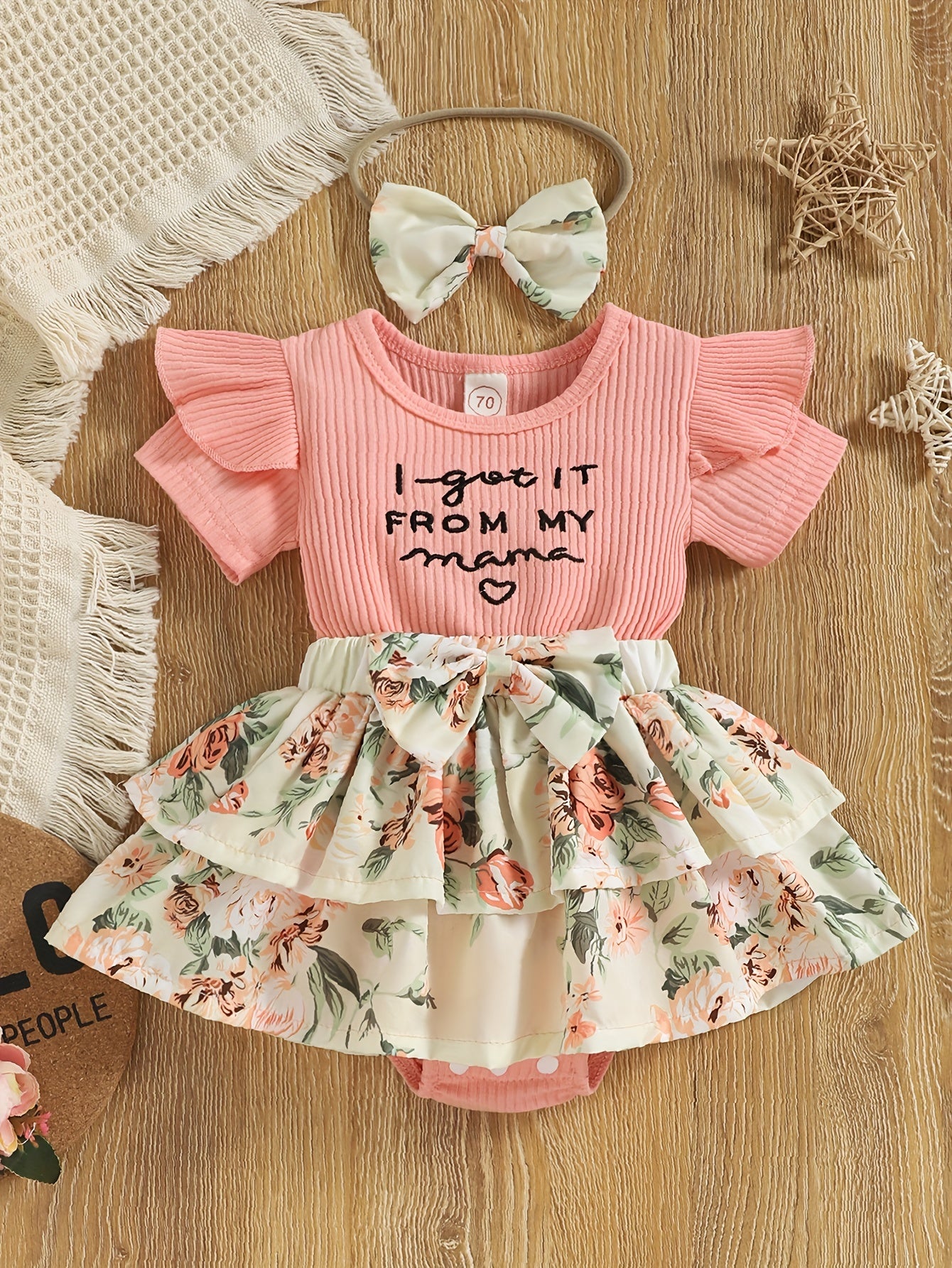 Baby Girls Spring Summer New Floral Skirt Swing Short Sleeve Romper Puffer Coat + Bow Headband Set, Suitable For Outdoor Wear