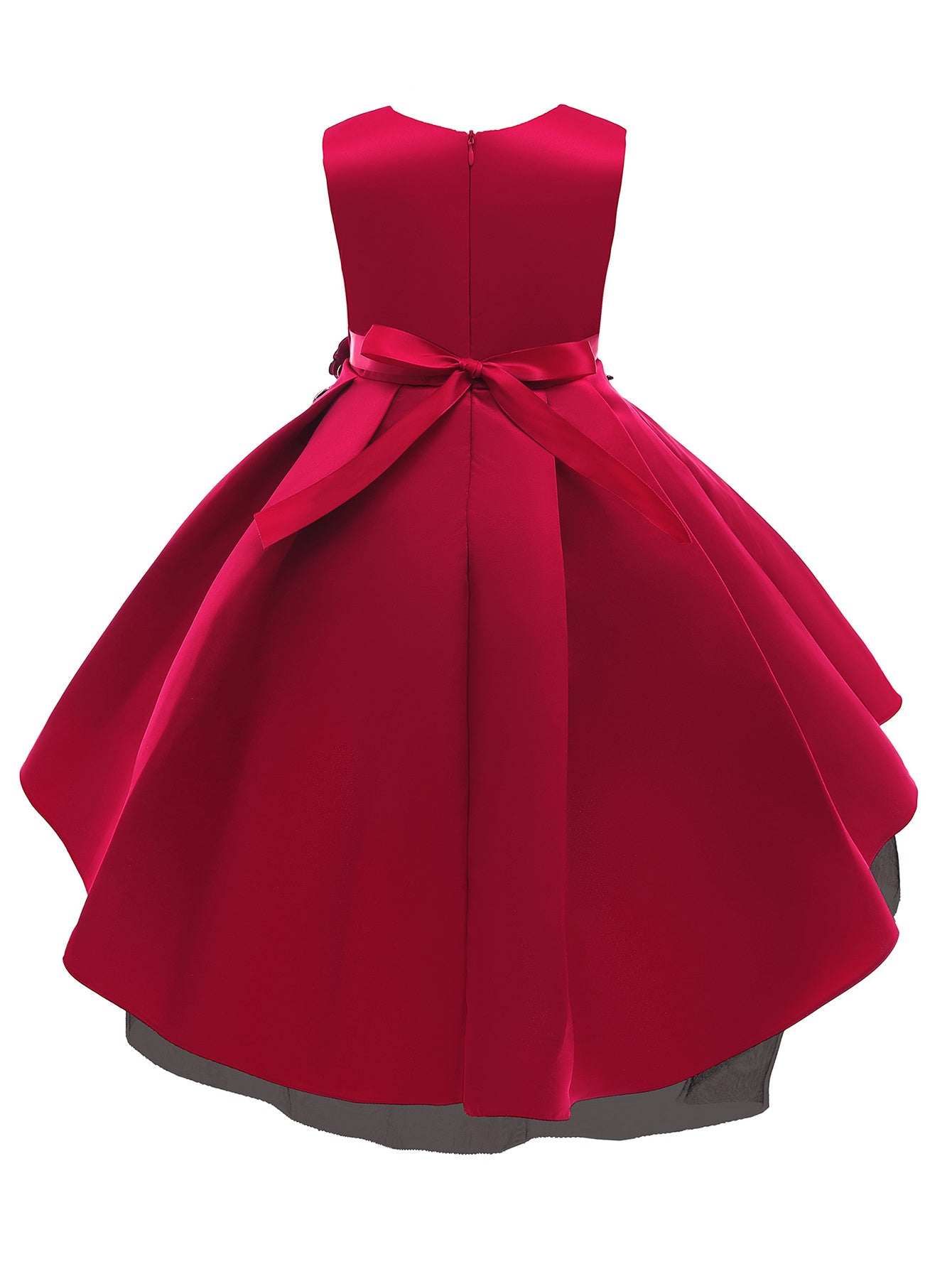 Elegant Red Embroidered Mesh Princess Dress for Girls 4-12 - Perfect for Piano Performances & Flower Girl Duties, Knee-Length with Umbrella Hem