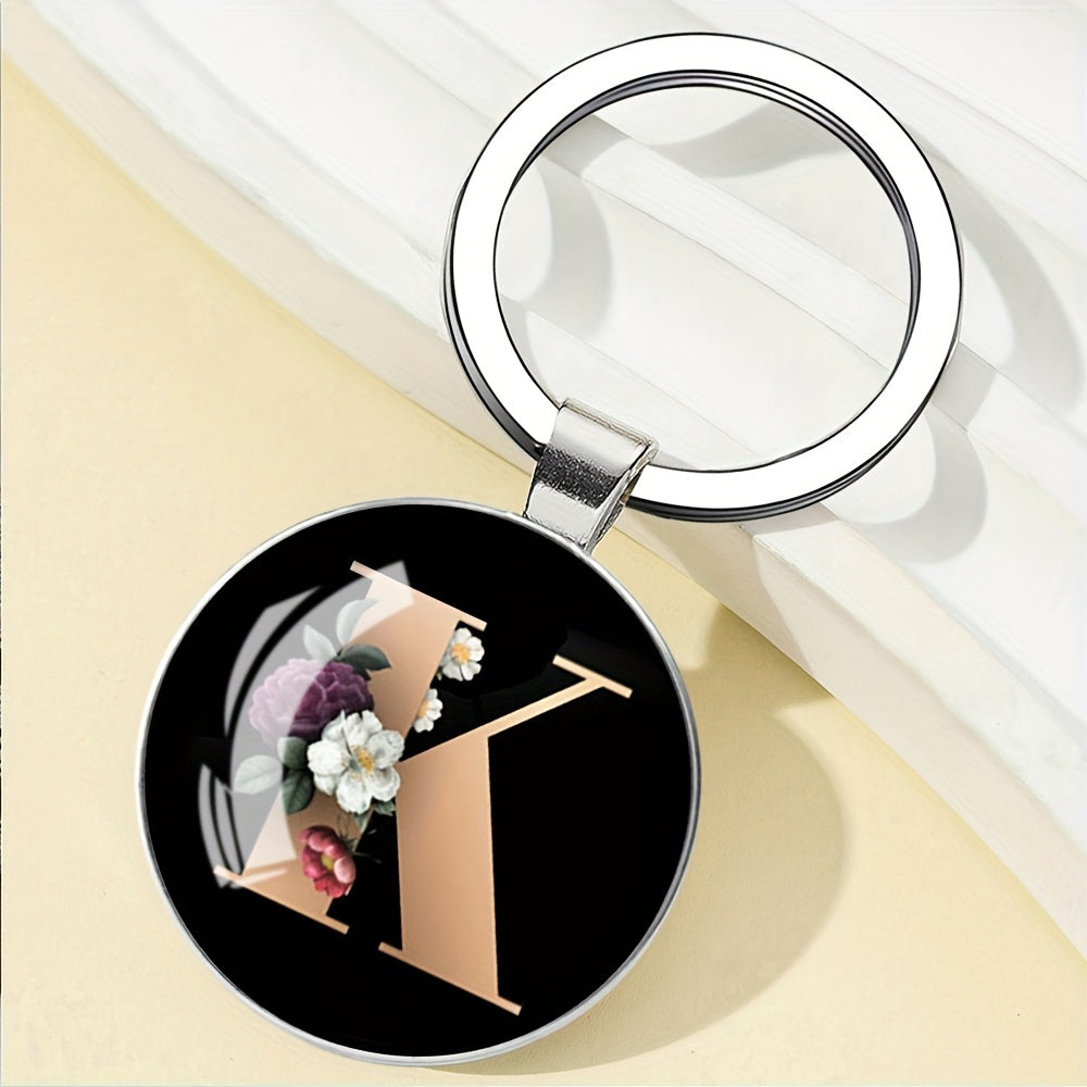 1pc Elegant Floral Alphabet Glass Keychain, Round Character-Themed Alloy Keyring, Romantic Collegiate Style Accessory, Ideal for Birthday, Anniversary, Graduation, Bridal Shower Gifts, and Festive Occasions - Christmas, Hallo