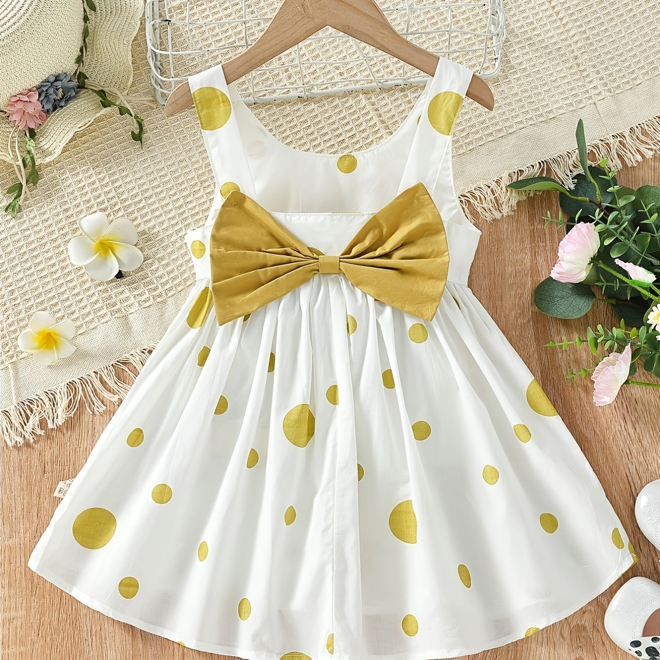 Girls' White Spaghetti Strap Dress with Red Polka Dots And Bow Decoration, a Cute Summer Outfit