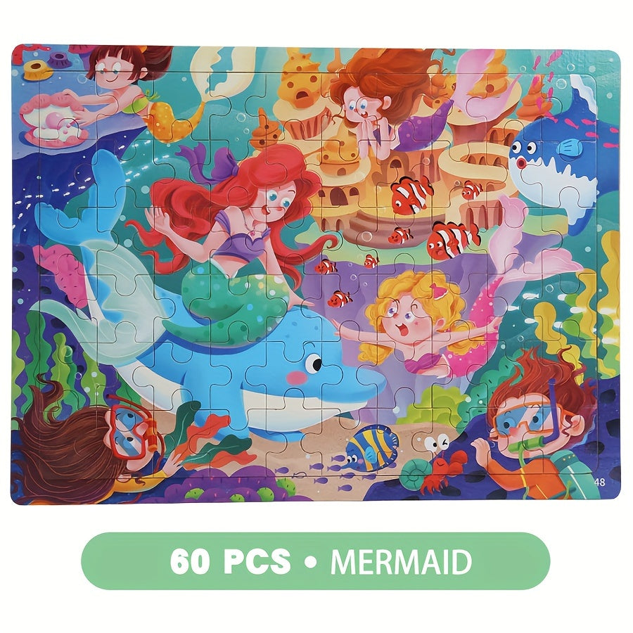 60pcs Wooden Large Piece Children's Cartoon Puzzle, Early Education Enlightenment Education Hands-on Ability Assembled Cute Mermaid Cartoon Character