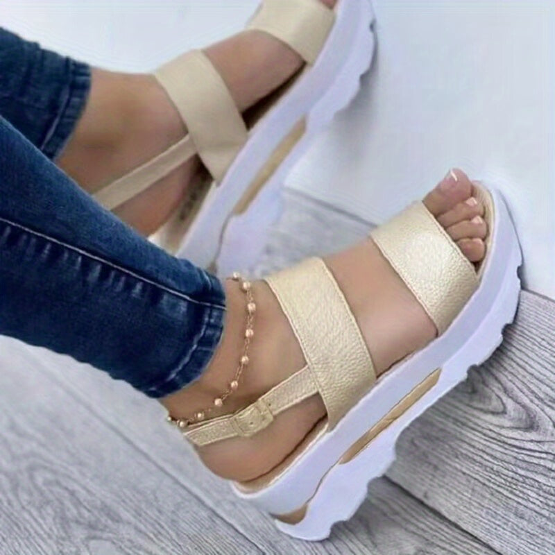 Non Slip Women's Platform Open Toe Sandals, Solid Color Ankle Buckle Strap Casual Outdoor Shoes