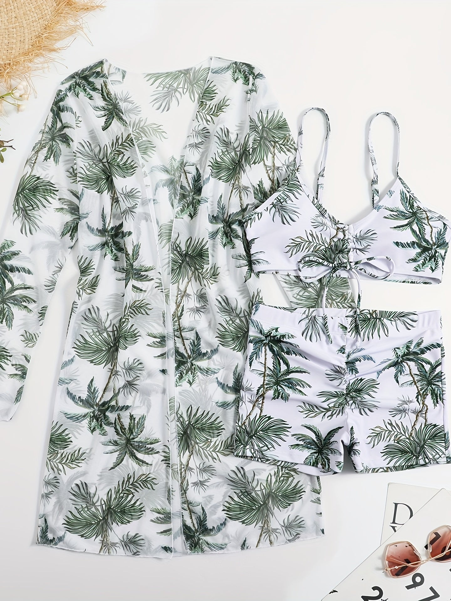 Three-piece swimsuit with flat-leg bikini for women, new style with split top and bow, fashionable beach and swimming outfit