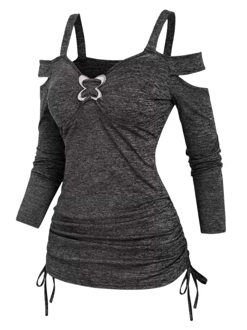 Grey Drawstring Ruched T-Shirt