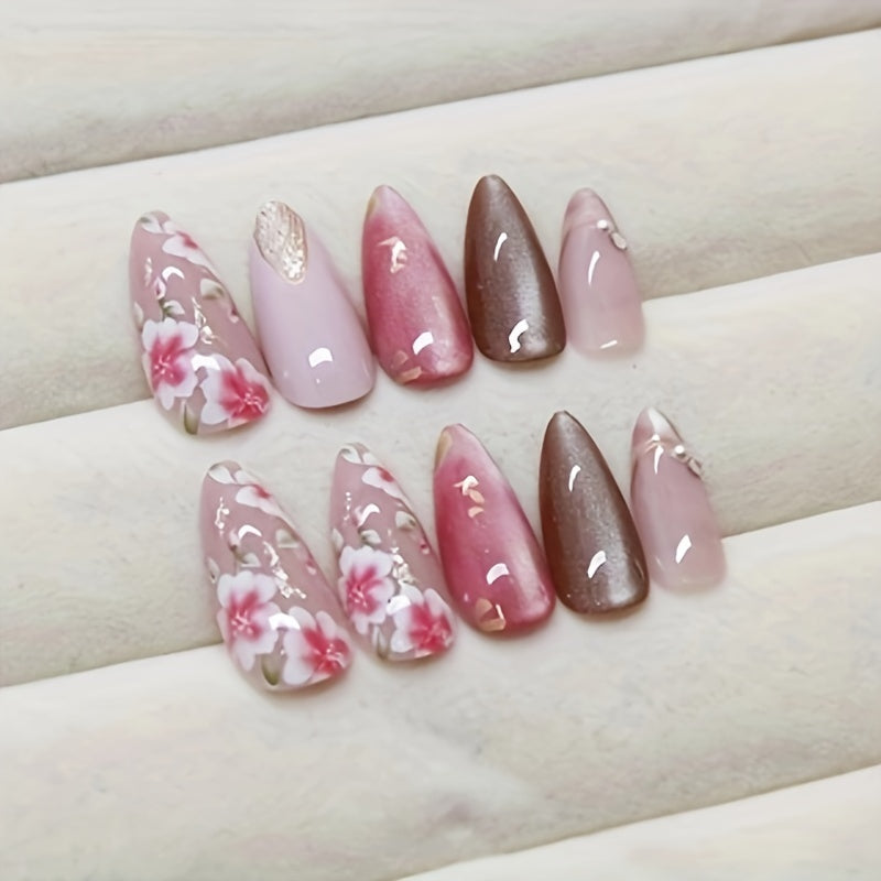 24pcs Cat Eye Press On Nails, Fake Nails with Peach Flower Design, Medium Square Shape False Nails for Women Girls