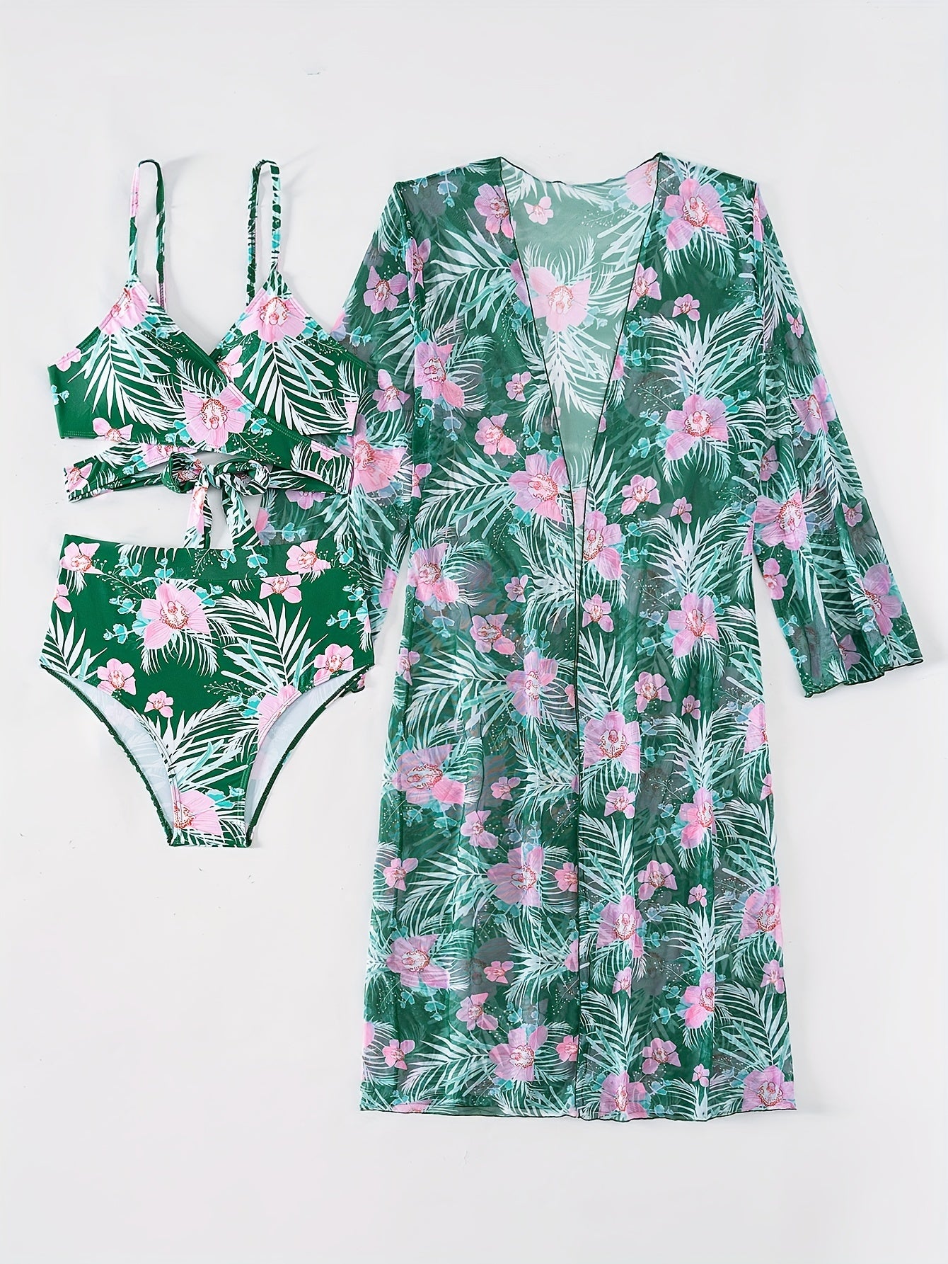 3 Piece Set Stretchy Floral Print Long Sleeve V Neck Tie Back Swimsuits - High Stretch Polyester Bikini Set with Kimono Cover Up - Perfect for Swimming and Beach Activities