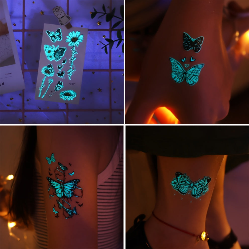 10 Sheets Blue Luminous Butterfly Tattoos, Glow In The Dark Vibrant Blue Butterfly Fairy Flower Rose Pattern Fake Tattoo, Decoration At Nightclub & Music Events, Waterproof & Realistic Lasting 2-5 Days, Butterfly Shoulder Cla