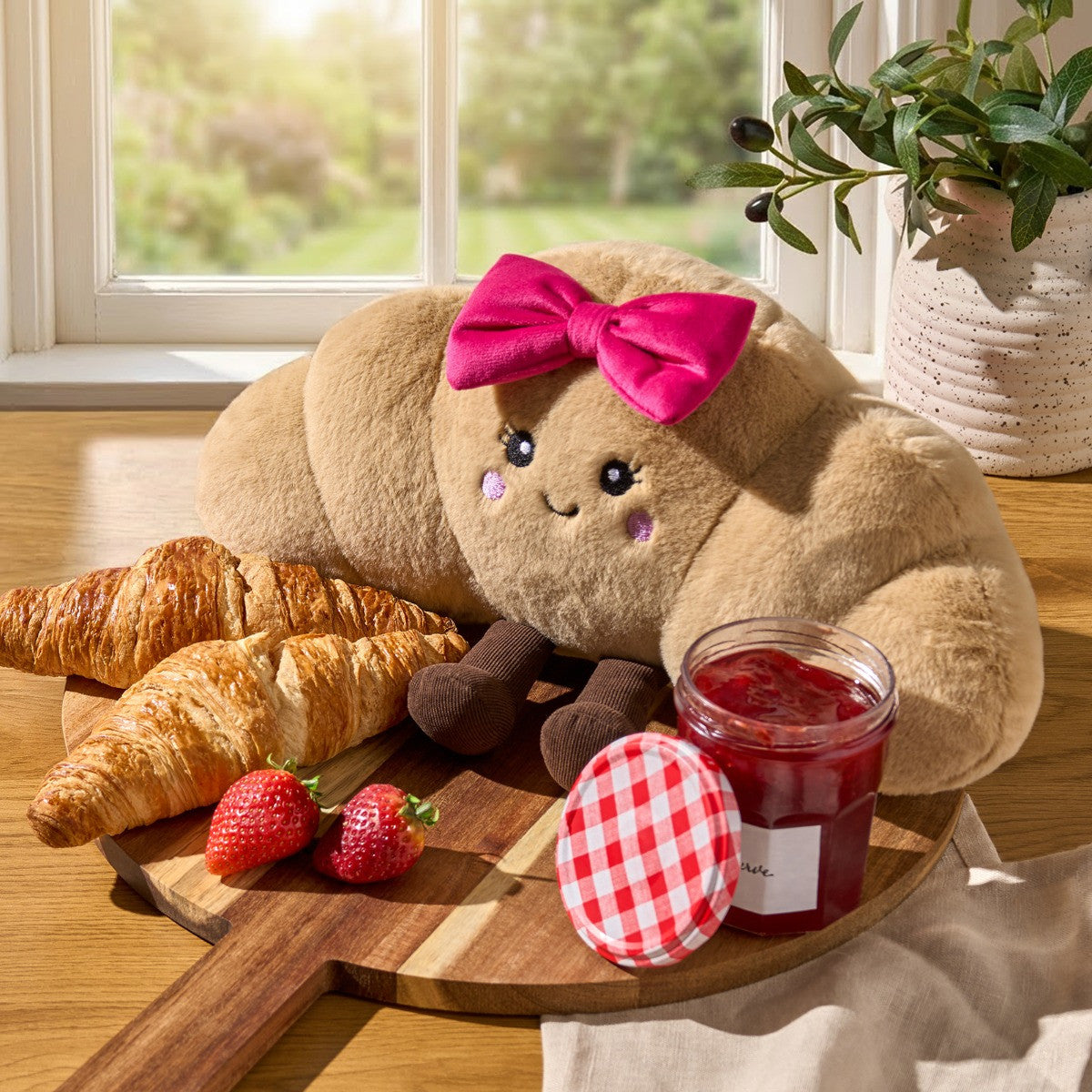 Chloe The Bow Croissant Cushion - Natural/Hot Pink 35 x 18cm