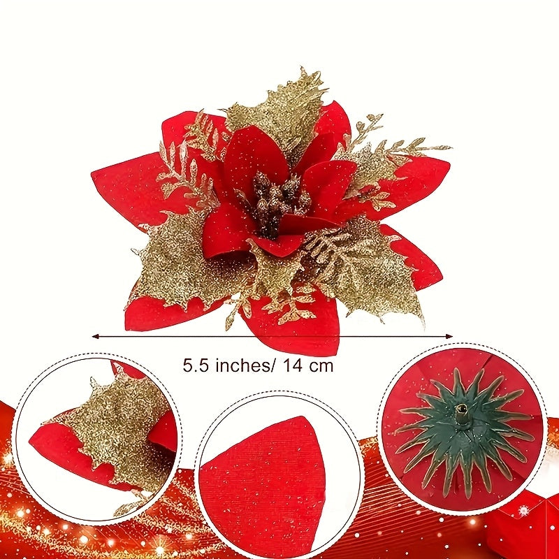 60-Piece 5.5-Inch Shiny Double-Layer Pink Edge - Christmas Floral Strips with Tree Decor and Wreath Accessories - Ideal for Holiday Parties & Weddings - Includes 30 Flower Branches + 30 Clips