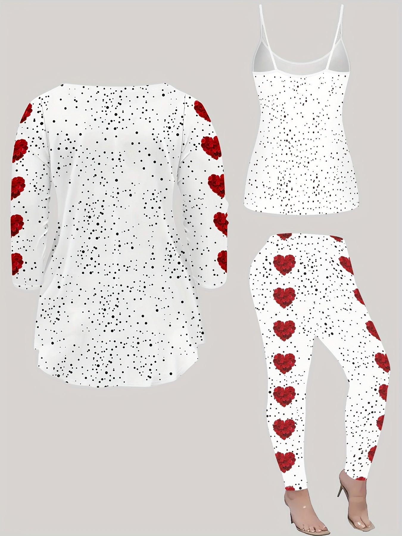Elegant 3pcs Valentine's Day Outfit Set - Polyester Knit Fabric Crew Neck Top and Pants - All Over Heart & Rose Flower Print, 95% Polyester, 5% Spandex, Versatile All-Season Wear