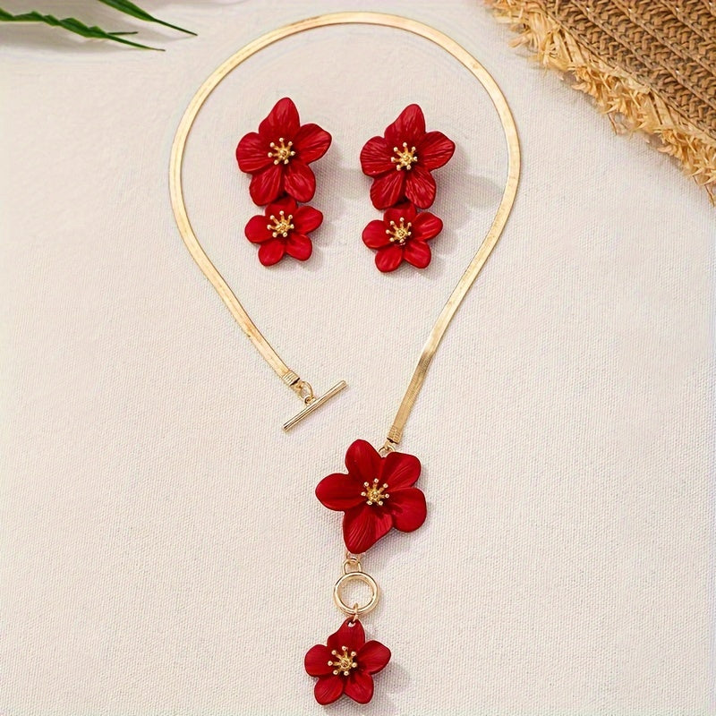 2pcs/set Fashionable and Elegant Flower Pendant Necklace and Earrings Jewelry Set Suitable for Women's Daily Gatherings, Parties, Holiday Travel, and as a Gift for Your Wife on Festivals