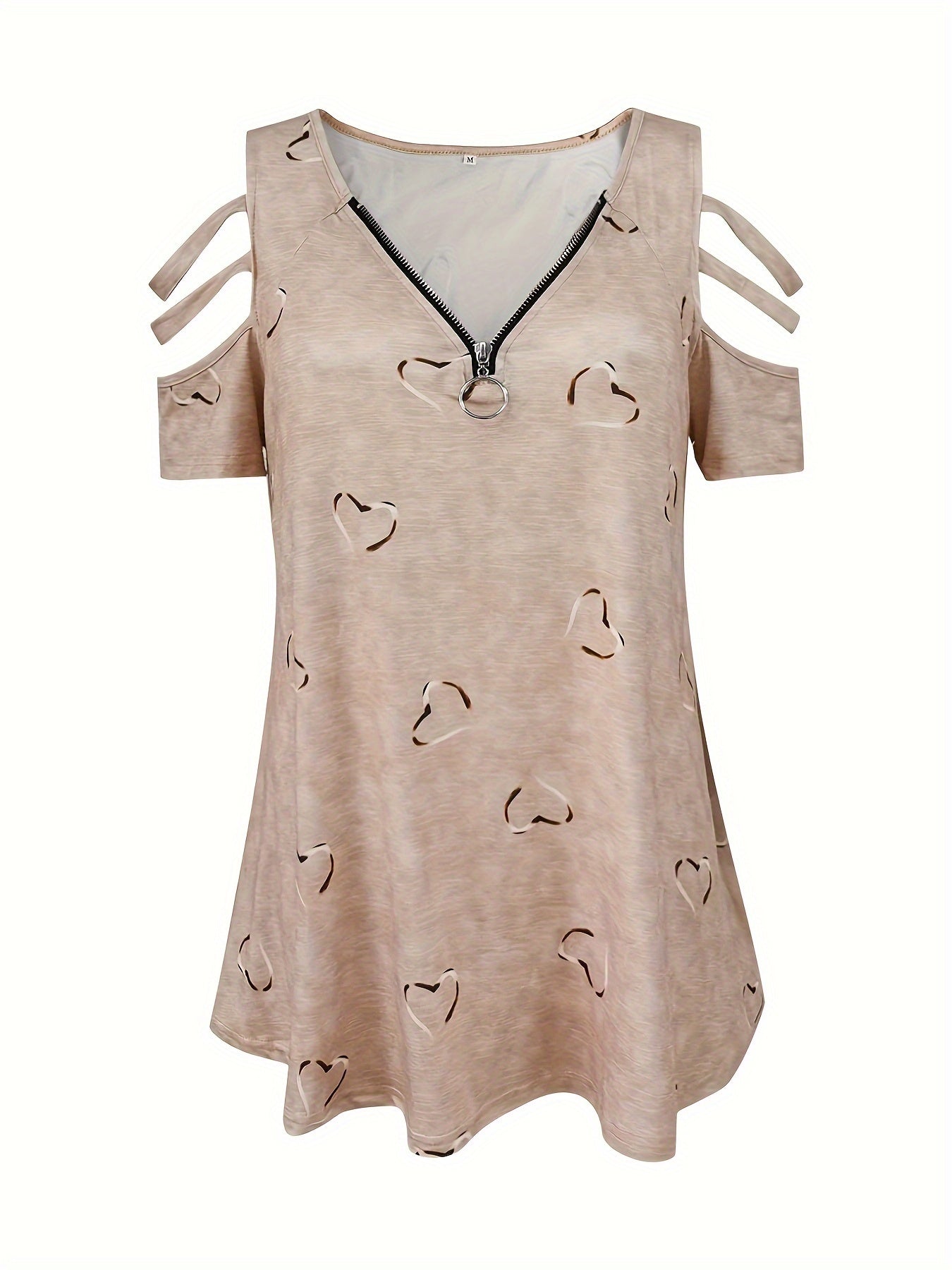 Heart Print Cut Out T-Shirt, Zipper V Neck Short Sleeve T-Shirt, Casual Every Day Tops, Women's Clothing
