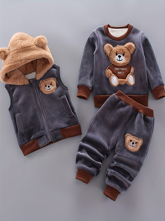 Random Color Ball Boys' Hairy Face Bear Long Sleeve Set, Baby Boy Autumn Winter -Lined Warm Long Sleeve Set, Fashion Casual Three-Piece Set, Perfect for Outdoor