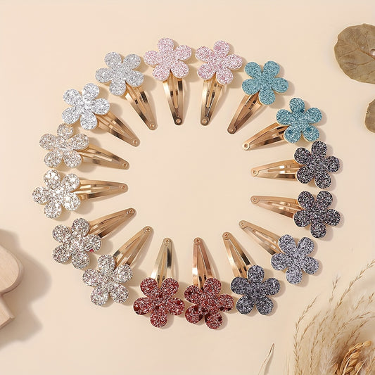 16-Pack Sparkly Sequin Flower Hair Clips for Girls, All-Season Elf Theme, Mixed Color Polyester, Variety Set for Kids Ages 3-14, Fashionable Hair Accessories for Ponytails and Styles