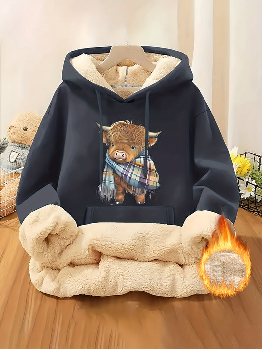 Women's Highland Cow Print Fleece Hooded Sweater - Thickened Winter Warmth, Cozy Plush Lining, Casual Retro Pullover with Pocket, Pink Scottish Cow Design, Sizes XS-XXL (Machine Washable) for Spring, Fall & Winter Layering
