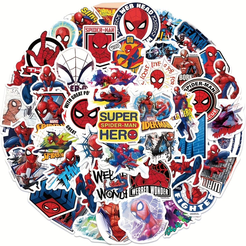 Marvel 50-Pack Spider-Man Stickers, Cartoon Character Decals, Self-Adhesive, Reusable, Paper Material, for Laptops, Travel Cases, Phones, Waterproof DIY Decoration