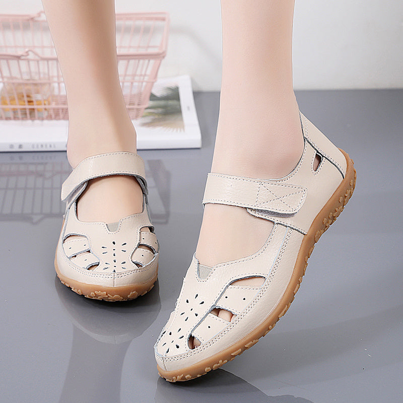 Soft Sole Women's Cut-out Flat Sandals, Non Slip Closed Toe Casual Walking Shoes with Hook & Loop