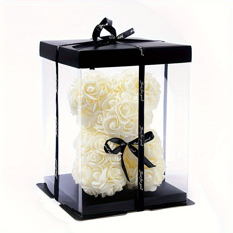20cm Deluxe Artificial Rose Bear Flower Arrangement - Exquisite Foam Roses in Decorative Container for Romantic Home Decor, Festive Celebrations, and Thoughtful Gift-Giving - Perfect for Valentine's Day, Mother's Day, Anniver