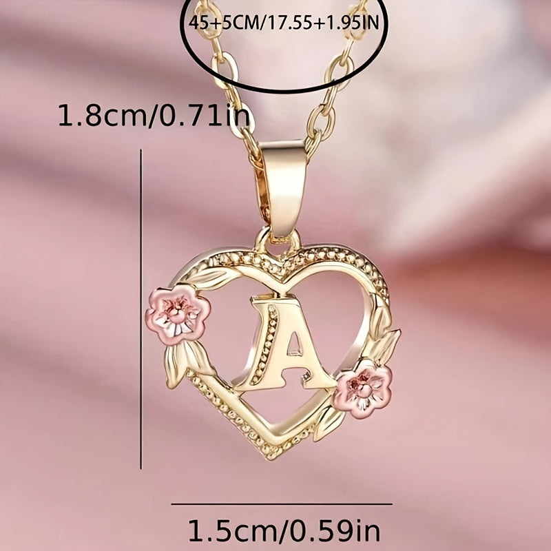 Exquisite Golden Initial Necklace Heart Carved 26 Letter A-Z And Flower Necklace For Women Daily Party Holiday Decoration Gift