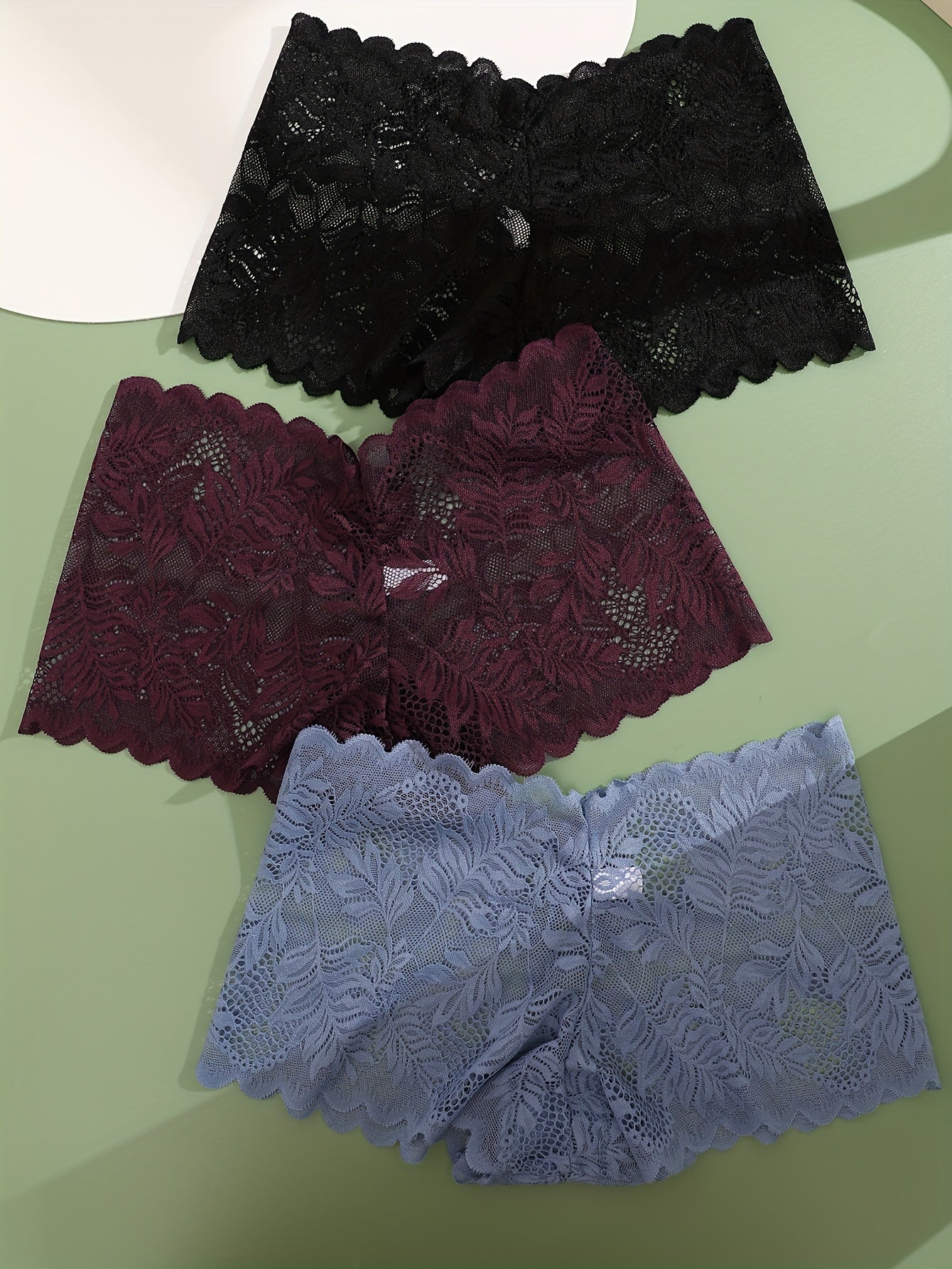 3pcs FINETOO Women's Sexy Low-Rise Lace Boyshort Panties - Breathable, Stretchy Nylon Blend with Floral Pattern, Scalloped Trim in Black, White, & Pinkish-Beige
