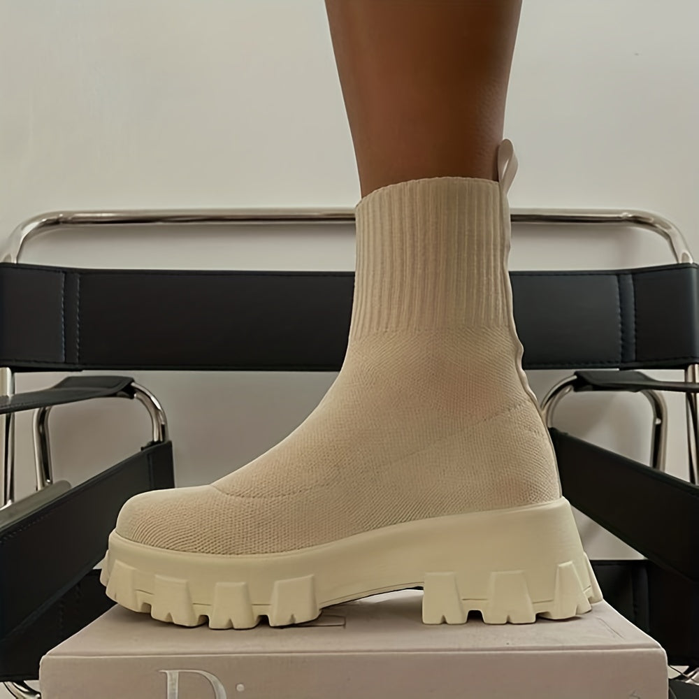 Women's Thick-soled Short Boots, Knitted Round Toe Shoes, Women Shoes