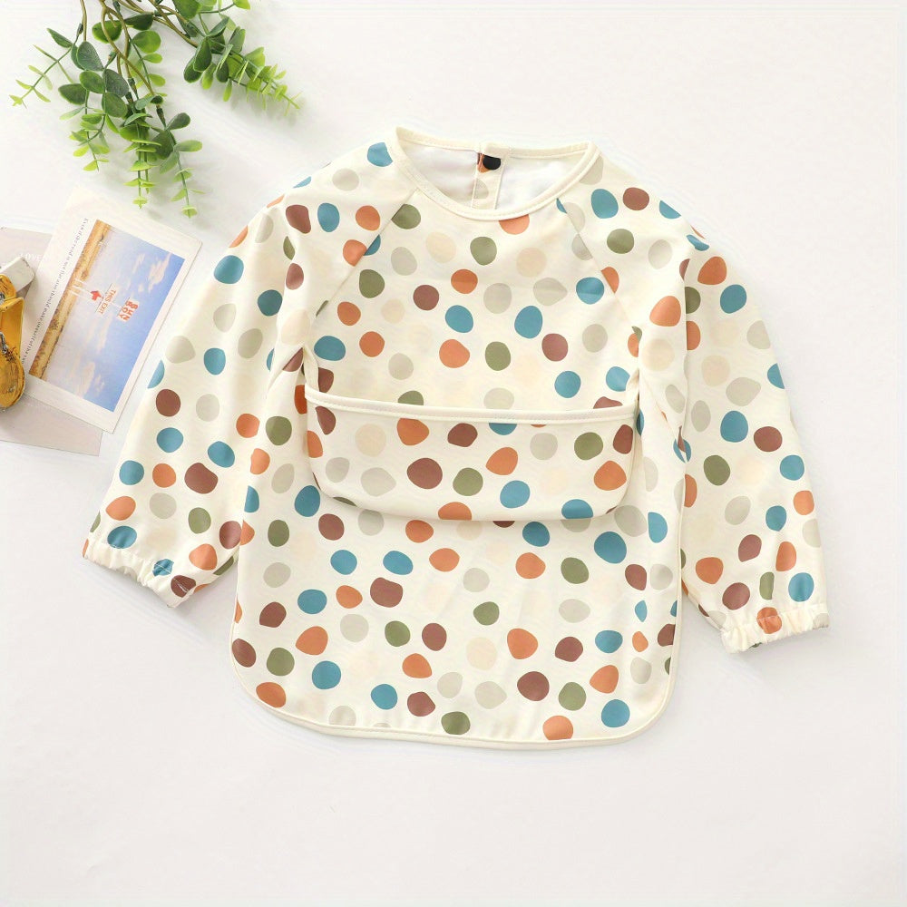 Unisex Baby Long Sleeve Bib with Crumb Catcher, Polyester Fiber, Snap Closure, Kids Eating Apron with Pocket, White/Beige/Mixed Colors