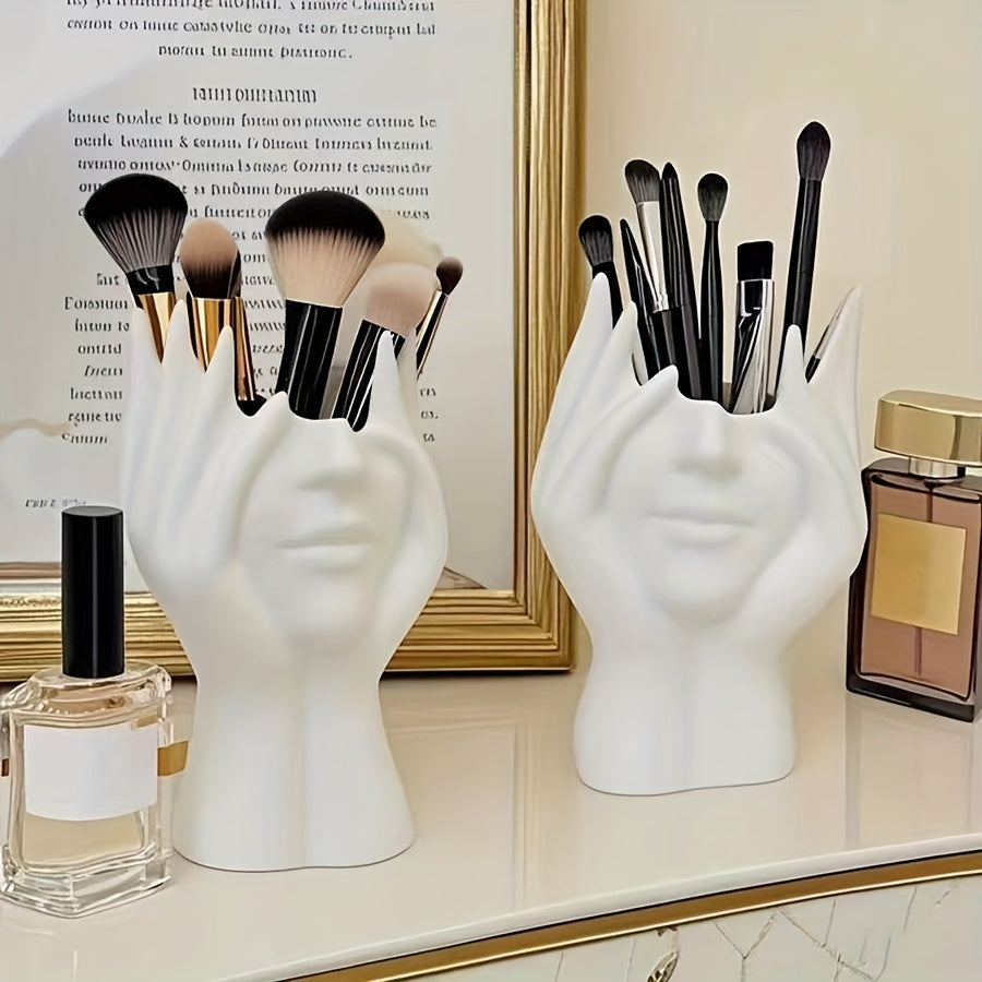1pc Abstract Face Design Plastic Pen Holder & Makeup Brush Organizer - Multi-Functional Decorative Art Sculpture, Lightweight, No Electricity Needed, Ideal for Desk and Vanity Decor, Desk Organizer|Artistic Decor Item|Lightwe