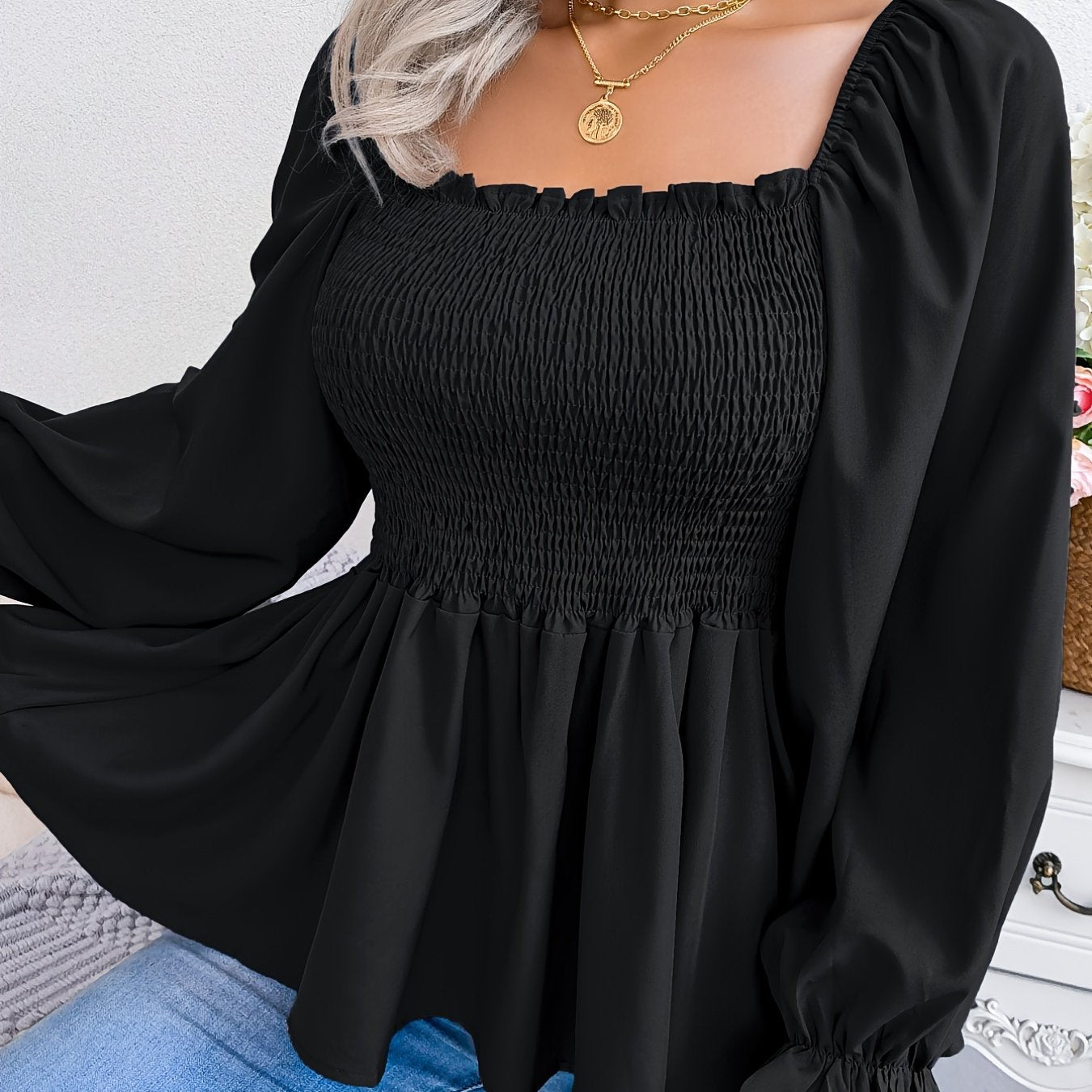 Shirred Lantern Sleeve Shirt, Casual Squared Neck Pleated Ruffle Trim Solid Shirt, Women's Clothing Wedding holiday vacation
