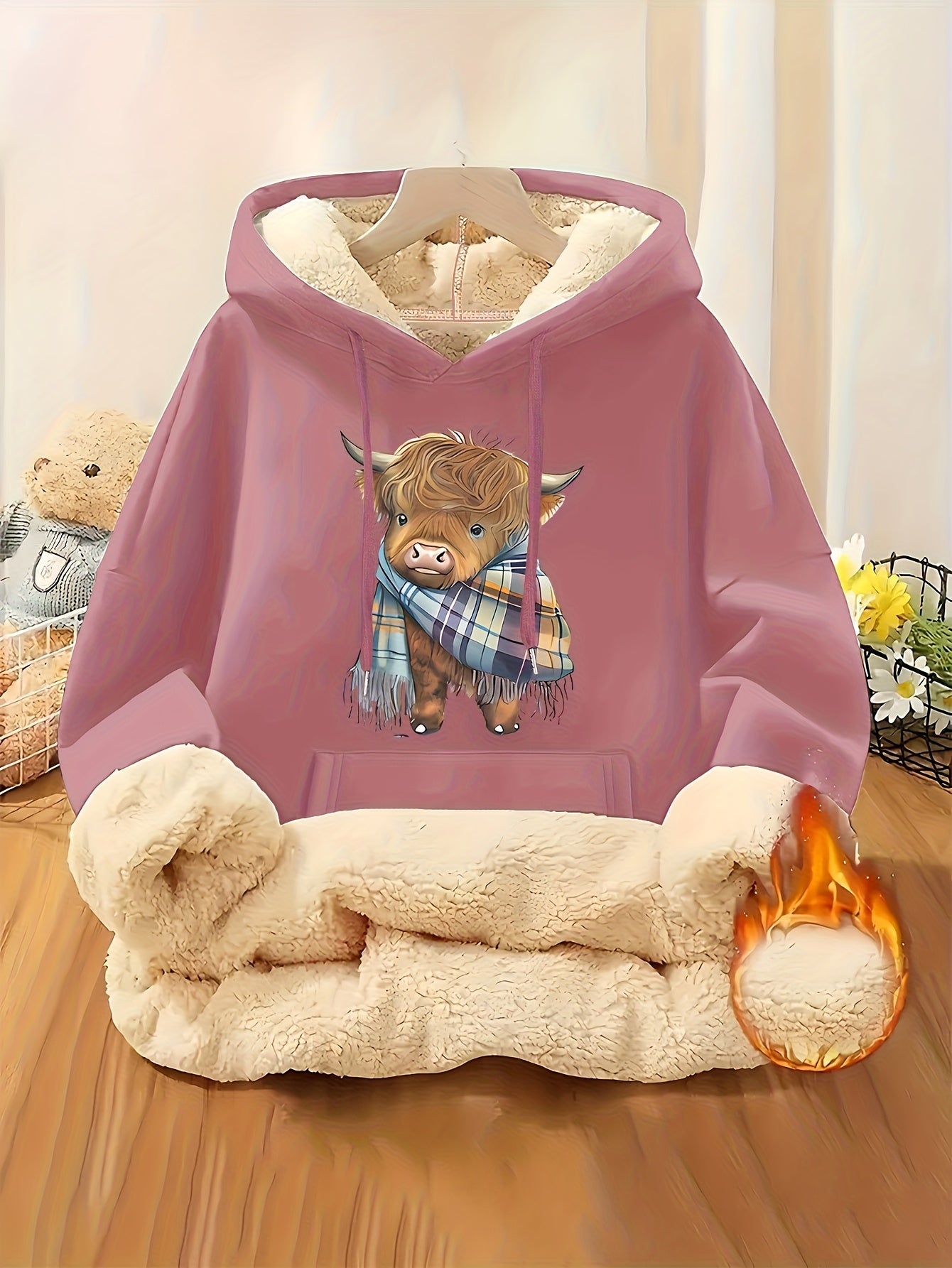 Women's Highland Cow Print Fleece Hooded Sweater - Thickened Winter Warmth, Cozy Plush Lining, Casual Retro Pullover with Pocket, Pink Scottish Cow Design, Sizes XS-XXL (Machine Washable) for Spring, Fall & Winter Layering