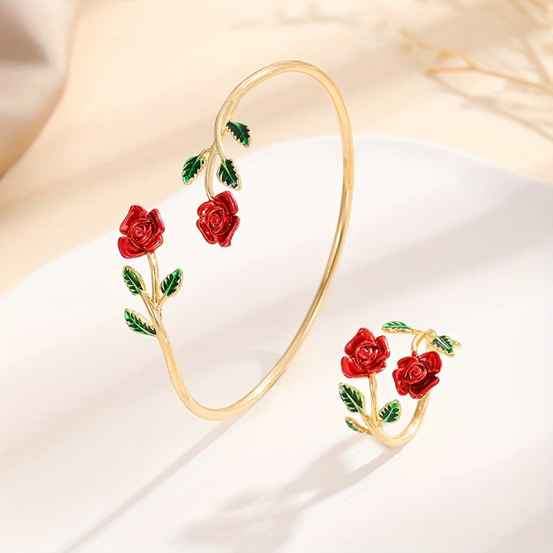 Elegant Rose Flower Design Bangle Ring Set Women's Floral Design Jewelry Gift Accessories