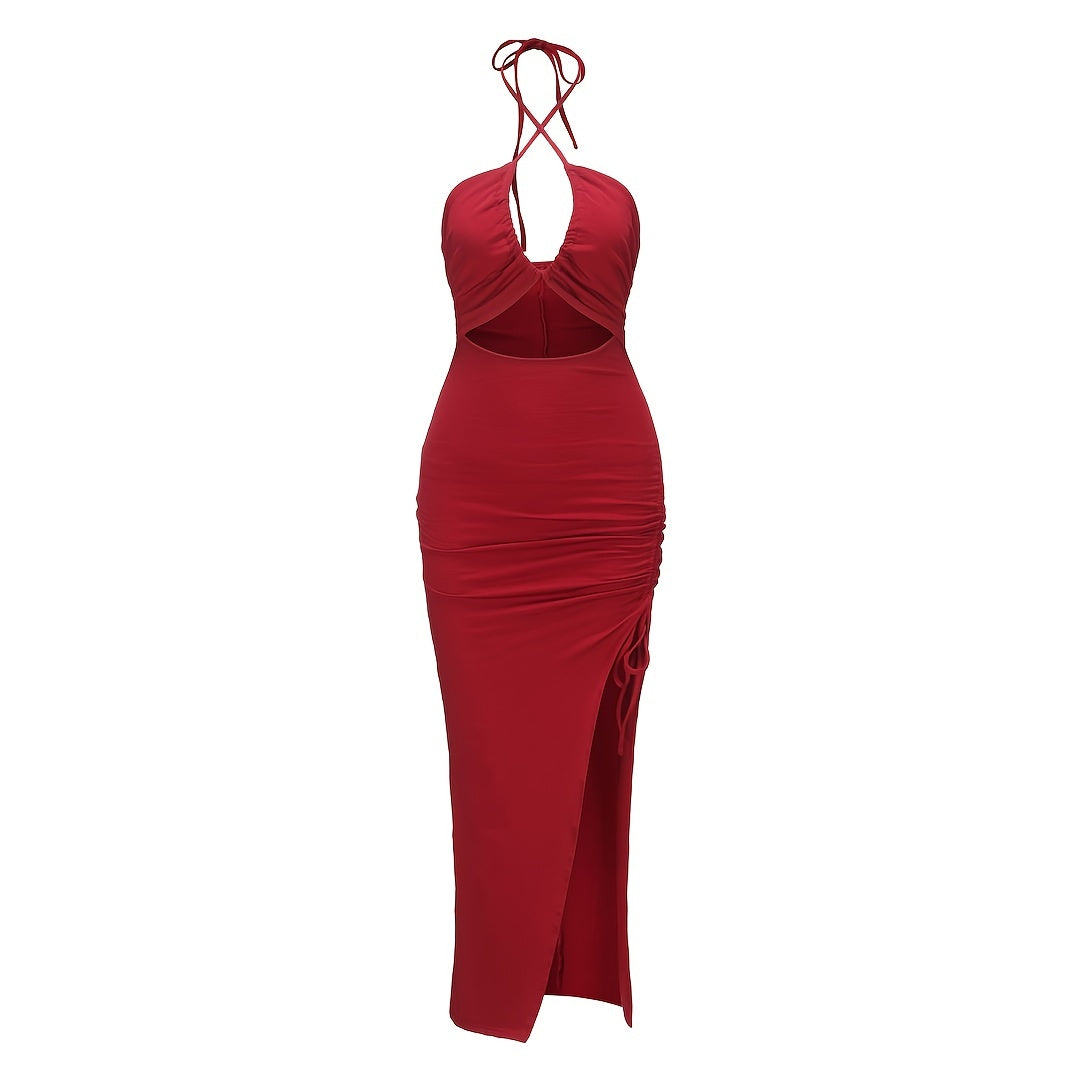Solid Ruffled Split Off Shoulder Dress, Nightclub Sexy Bag Hip Drawstring Slim Dress, Women's Clothing