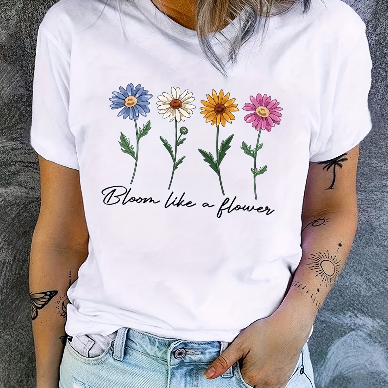 Cute Flower & Letter Print Casual T-shirt, Crew Neck Short Sleeve Top For Spring & Summer, Women's Clothing