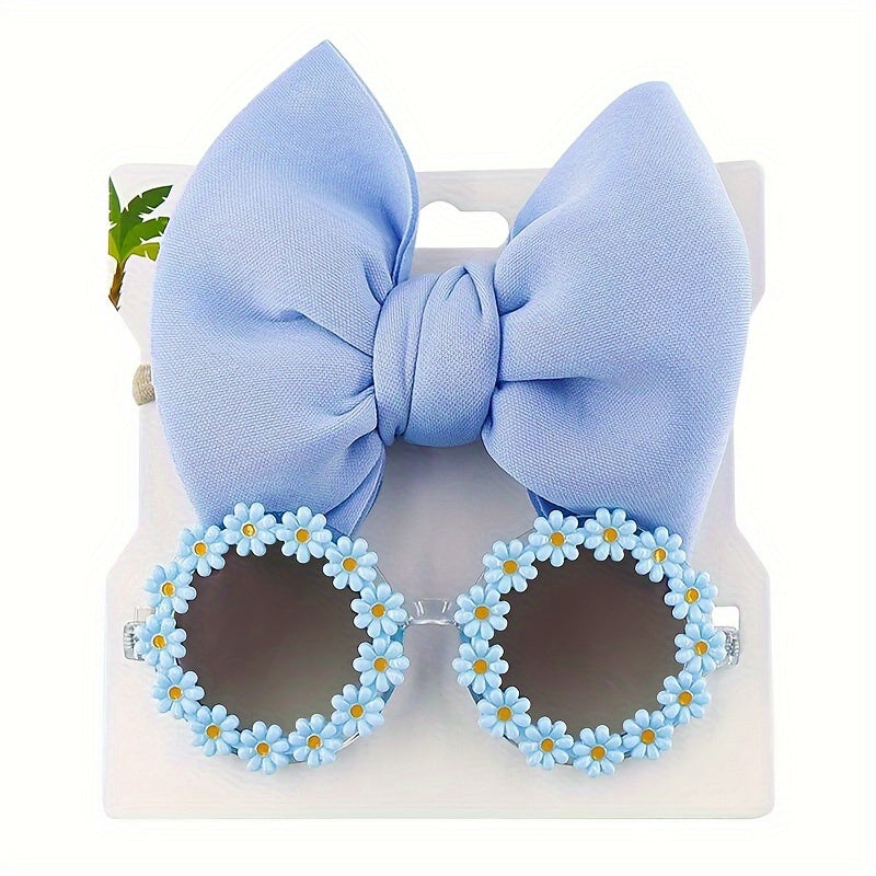 Cute Outdoor Beach Baby Girl Gift Set - 2 Pieces Butterfly Tie Hair Band & Round Flower Fashion Glasses!