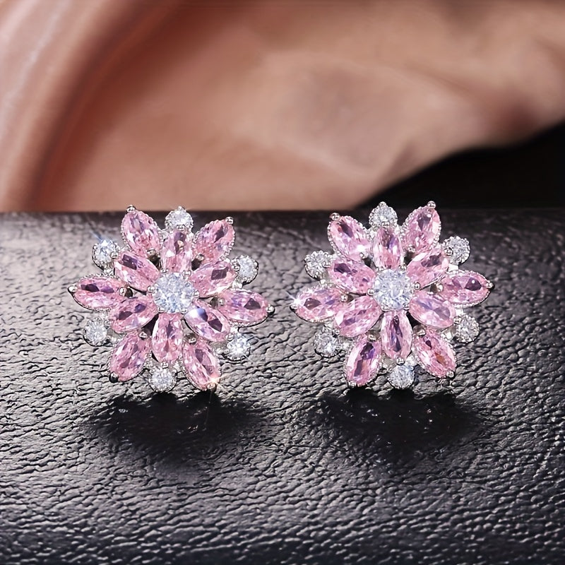 Luxurious Flower Earrings - A Pair With Shiny Synthetic Zirconia Inlaid - Suitable For Ladies' Wedding Parties, Jewelry, And Valentine's Day Gifts
