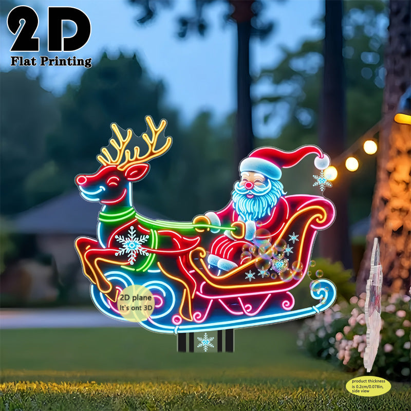 2D Flat, 1pc Neon-Lit Self-Lit Santa & Reindeer Sleigh Garden Stake - Glowing Outdoor/ Christmas Yard Decoration with Plug-Free, Durable Plastic Lawn Sign for Ground, Flower Beds, Parties (Easy Install, Holiday Decor), 2D Fla
