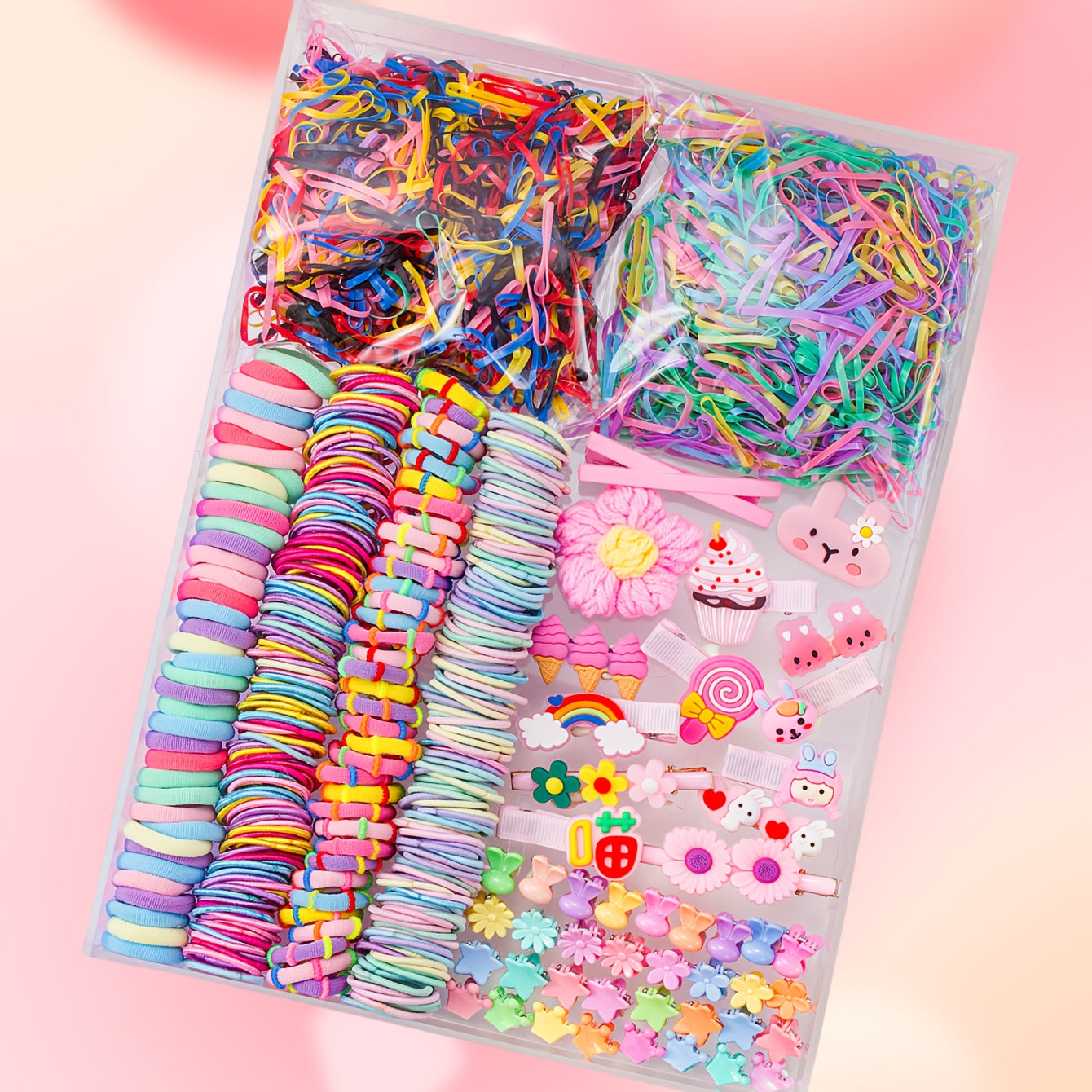 914/879/869/864/280pcs/set Kawaii Colorful Cartoon Hair Accessories Set, includes cartoon hair clips, claw clips, BB clips, rhinestone flower clips, various hair ties, scrunchies, and headbands - essential for daily cute styl
