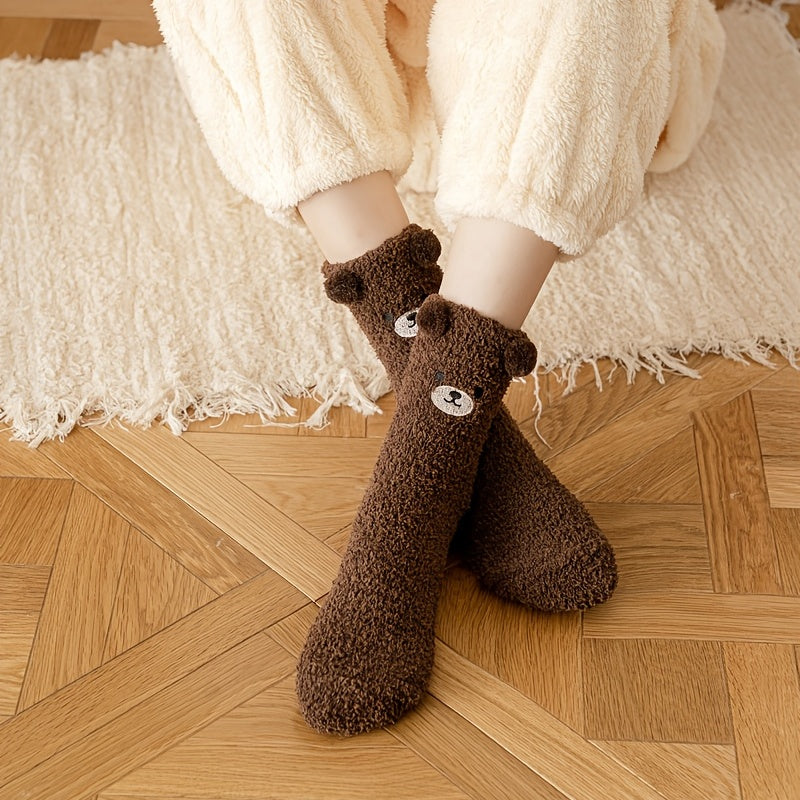1 Pair Women'S Cute Non-Shedding Coral Fleece Warm Socks | Autumn-Winter Collection, Solid Color, Fabric