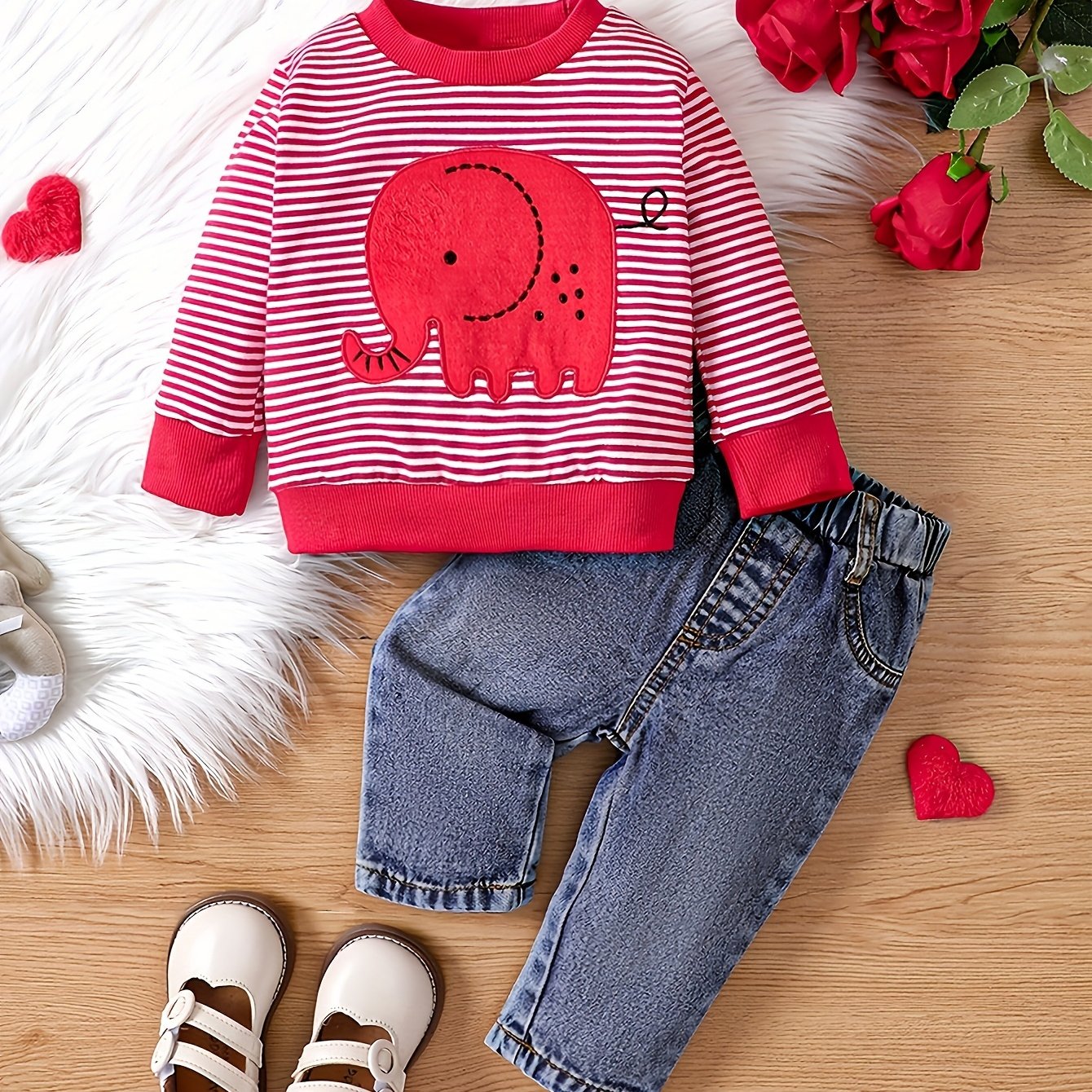 2pcs Infant Baby Boy Cute Striped Elephant Pattern Long Sleeve Top & Denim Trousers Outdoor Set For Spring And Autumn