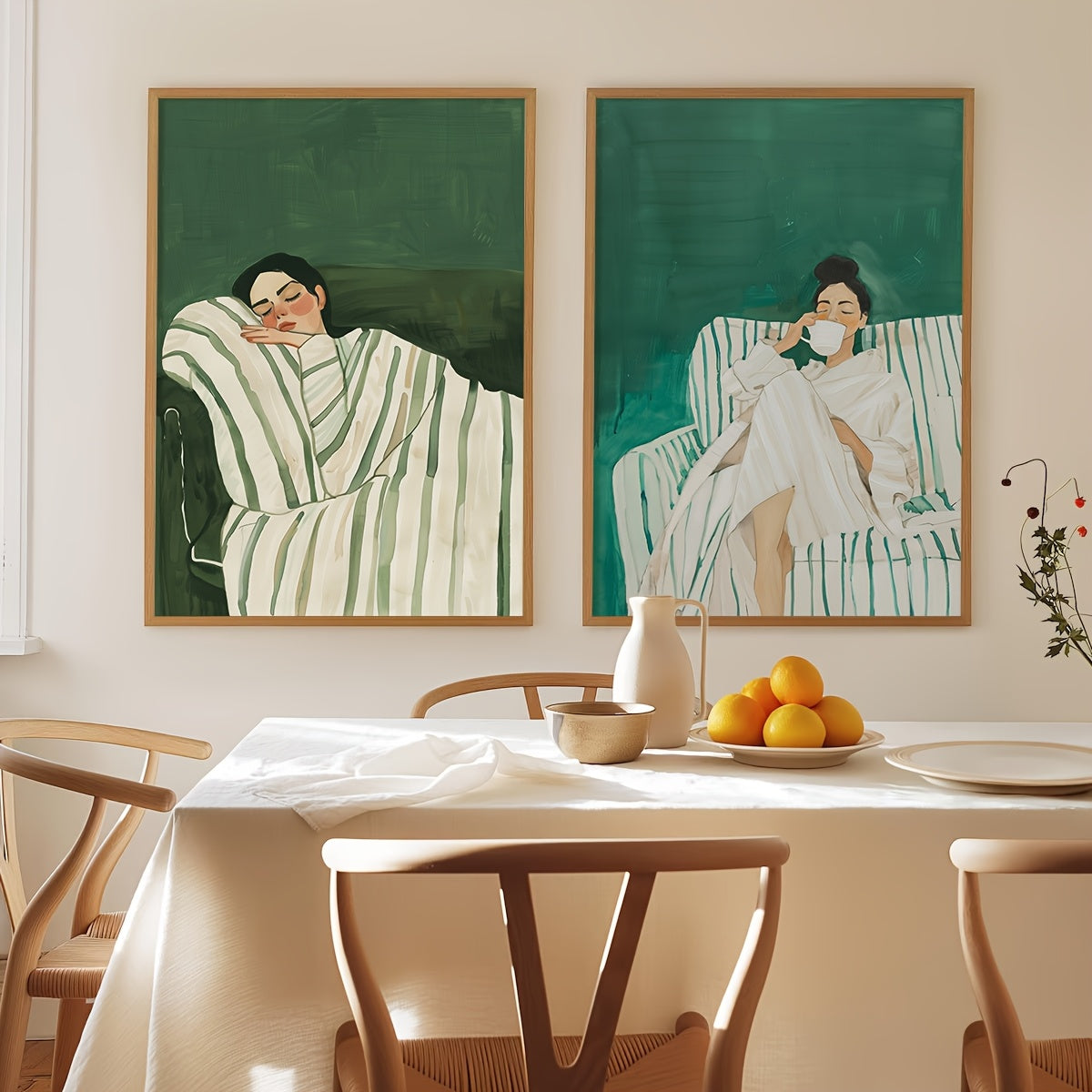 A Set of 2 Abstract Character Wall Art Prints, Featuring a Jade Green Striped Woman Canvas Poster, Minimalist Large Art Wall Decor, Coffee Lover Prints, Spring Decorations for Living Rooms, Bedrooms, Cafes, Bars, Offices, Hal