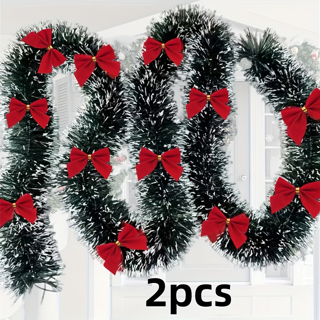 2-Piece Bow Christmas Rattan Garland, Total Length 10.0 meter, 1-Piece 196.85-Inch Dark Green and White Snowflake Christmas Flower Vine Decoration, No Lights Artificial Wreath for Indoor/Outdoor Use, High-Quality Soft Green H