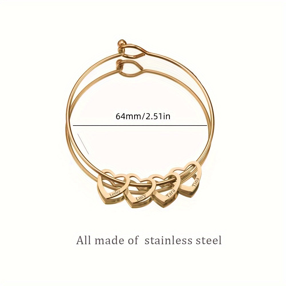 Customized Stainless Steel Bangle with Personalized Lettering - Adjustable, Engraved Family Names, Heart Charms, Meaningful Mothers Day Gift, Durable Fashion Jewelry