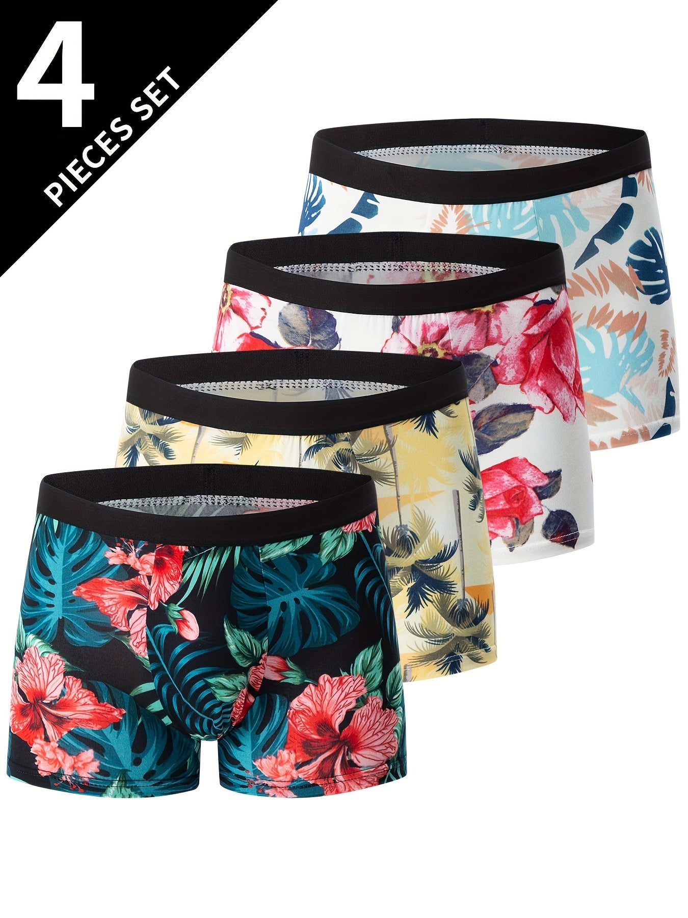 4pcs Flower Pattern Men's Underwear Boxers, Casual Boxer Briefs Shorts, Breathable Comfy Stretchy Boxer Sports Shorts