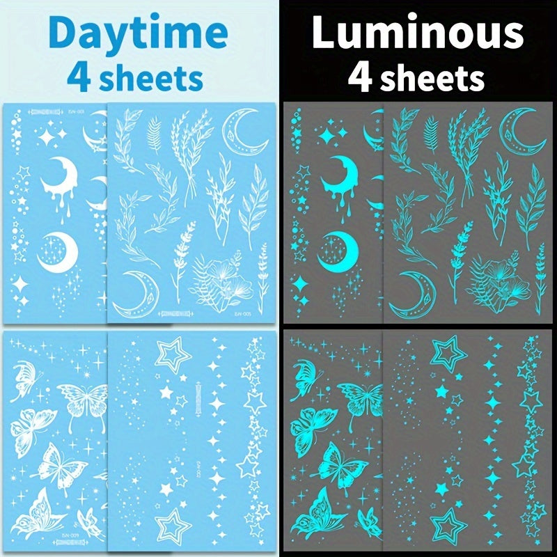 4 Sheets Glow-in-the-Dark Tattoo Stickers - Moon, Stars, Butterfly & Flower Designs for Women & Girls, Luminous Face & Body Art for Weddings, Nightclubs, Music Festivals & Parties, Gift for Eld, Gift for Ramadan