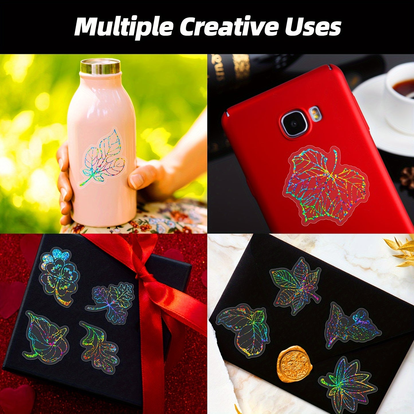 100pcs Laser-Cut Flower & Leaf Stickers - Iridescent Multicolor (UV Glow) Plastic Sheets for Journals, Scrapbooking, DIY Crafts, Laptops, Helmets - Irregular Flower Petals & Foliage Decals for &