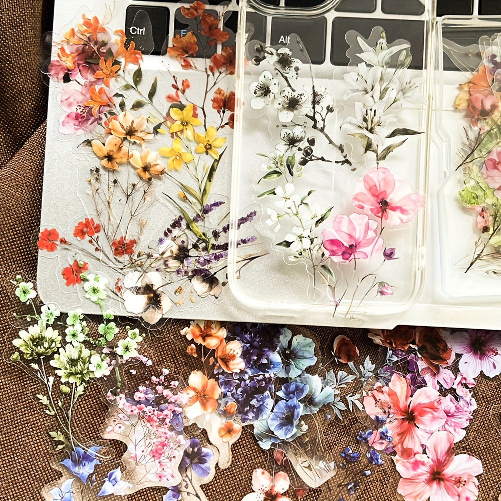 50pcs Transparent Flower Stickers, PET Plant Floral Decals for Scrapbooking, Journaling, DIY Crafts, Guitar, Notebook Decoration