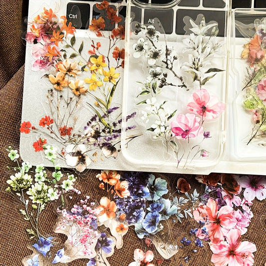 50pcs Transparent Flower Stickers, PET Plant Floral Decals for Scrapbooking, Journaling, DIY Crafts, Guitar, Notebook Decoration
