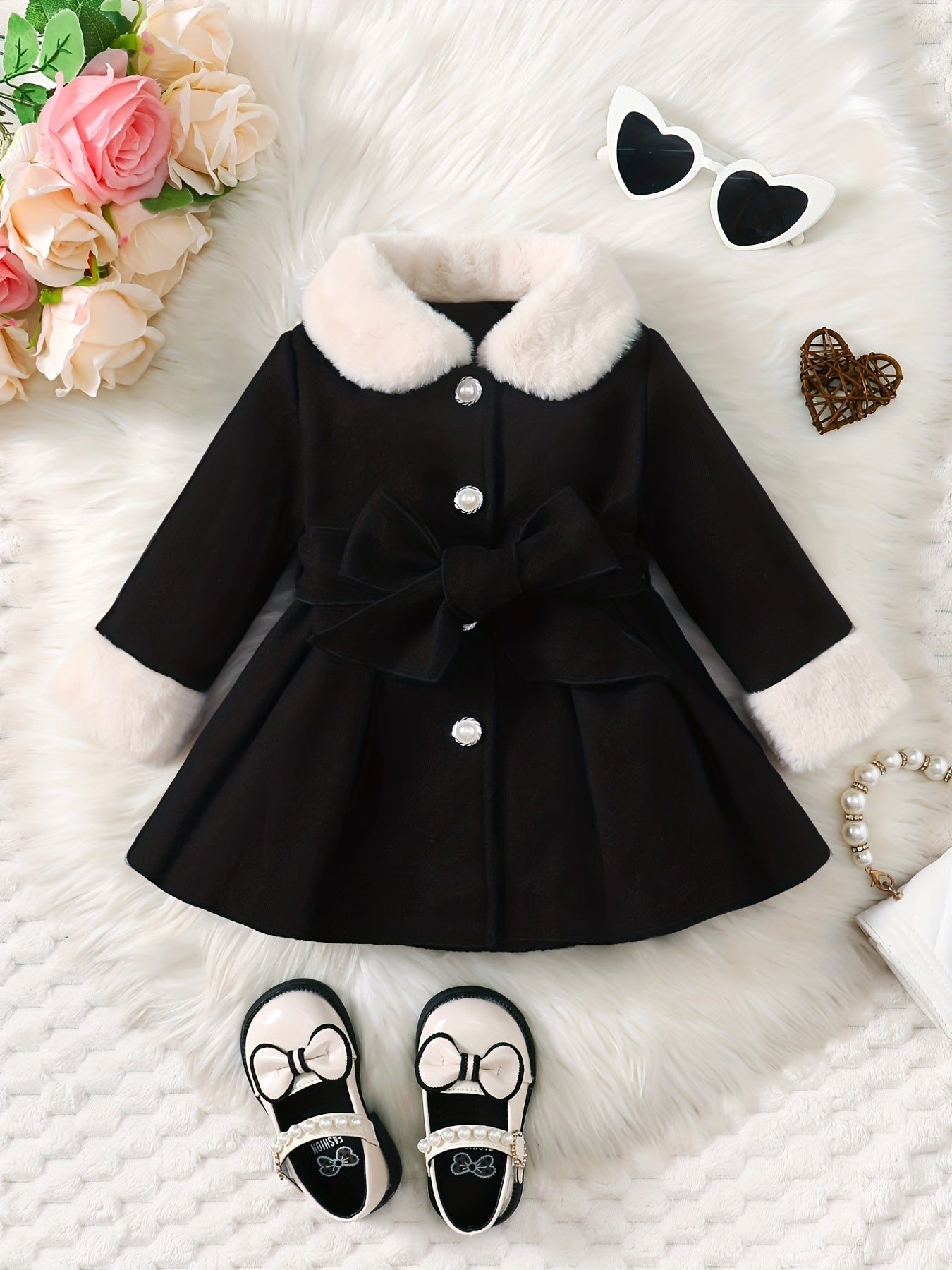 Fashionable And Versatile Coat for Baby Girls in Autumn And Winter, a Perfect Mother'S Day Gift. Adorable Plush Coat with a Bow And Collar, Designed for a Sweet Princess Look. Soft And Comfortable Outerwear to Keep Baby Warm