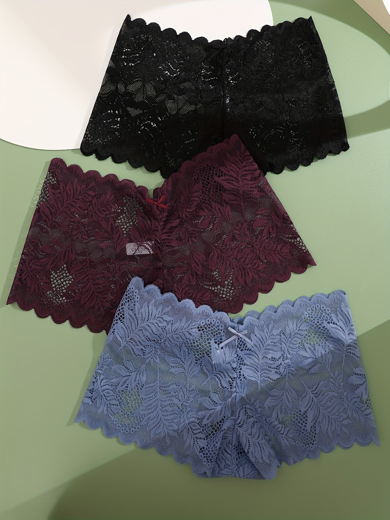 3pcs FINETOO Women's Sexy Low-Rise Lace Boyshort Panties - Breathable, Stretchy Nylon Blend with Floral Pattern, Scalloped Trim in Black, White, & Pinkish-Beige