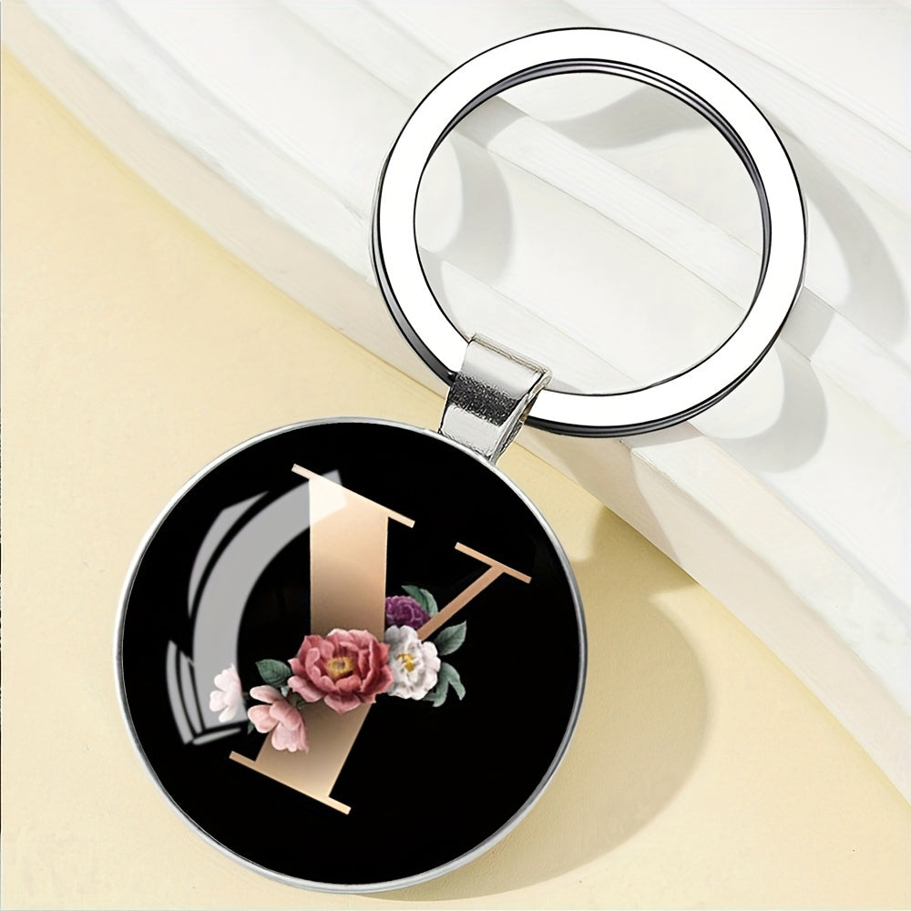 1pc Elegant Floral Alphabet Glass Keychain, Round Character-Themed Alloy Keyring, Romantic Collegiate Style Accessory, Ideal for Birthday, Anniversary, Graduation, Bridal Shower Gifts, and Festive Occasions - Christmas, Hallo