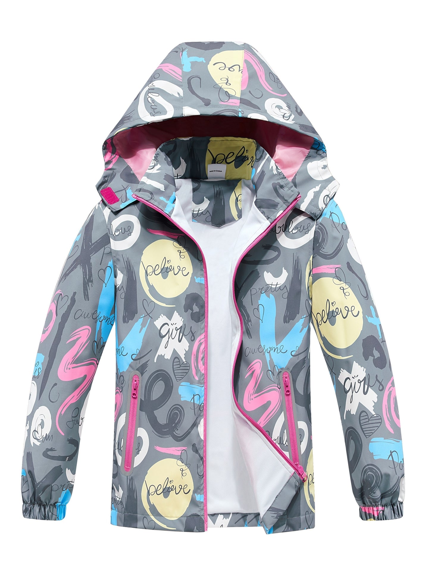 Girls' Unicorn Jacket - Lightweight Windproof Hooded Outerwear with Removable Hood, Pastel Rainbow & Clouds Design, Zip-Up Front, Long Sleeves, and Pockets for Spring/Fall Casual Wear, Unicorn Clothes, Playful Kids Fashion, D